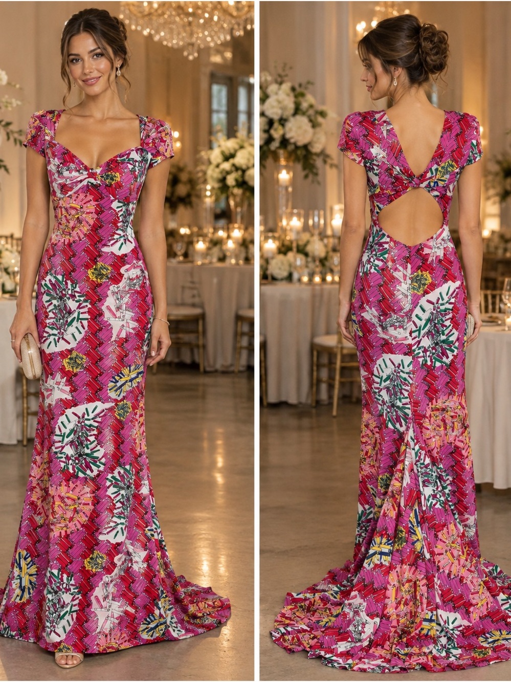 Zac Posen for Target Fuchsia Multi-Print Cap-Sleeve Maxi Gown Size 2 Wedding